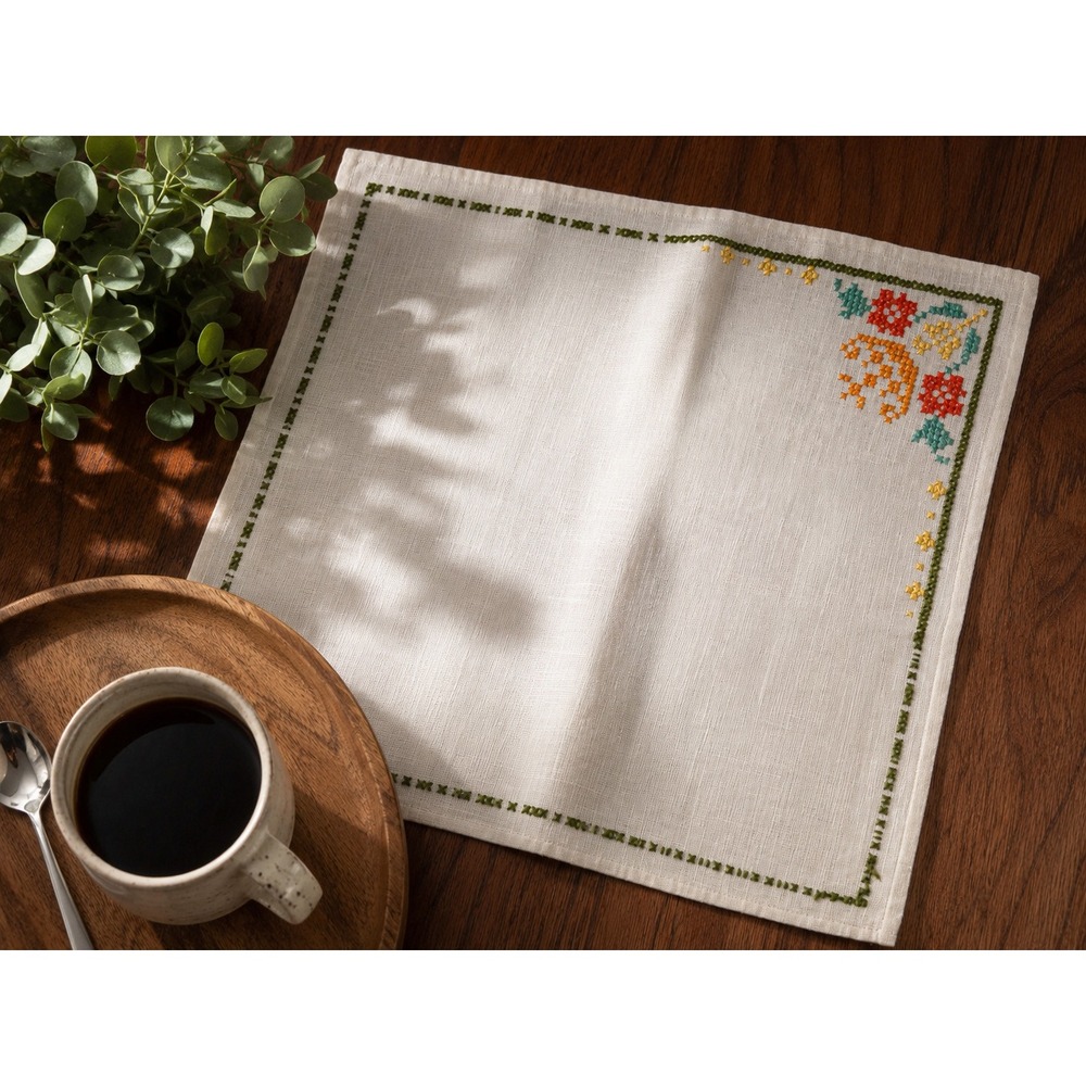 Vintage Hand Embroidered Tea Cloth Cross Stitch Floral Border Off White Square